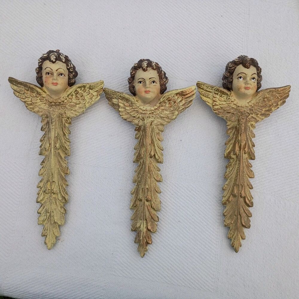 3 Angel Cherub Face Winged Cross Faux Carved Wood Hand Painted Gilt Ornaments